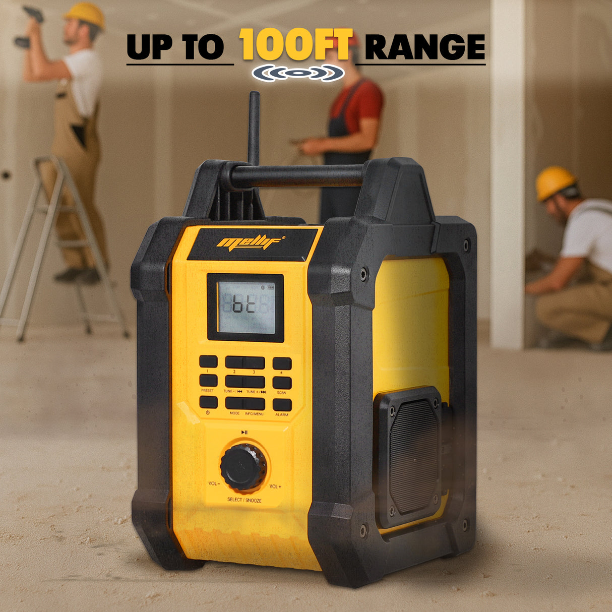 Mellif 18V Baustellenradio mit Lautsprecher, IPX54 wasserdicht, kabellos, TWS, FM/DAB, 30 m Reichweite, AC/DC, nur Gerät