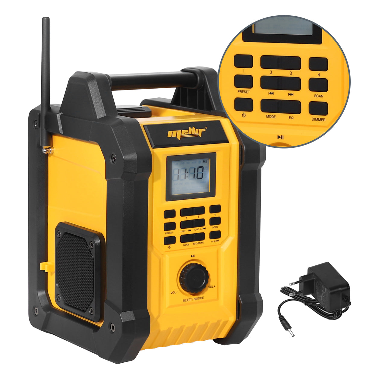 Mellif 18V Baustellenradio mit Lautsprecher, IPX54 wasserdicht, kabellos, TWS, FM/DAB, 30 m Reichweite, AC/DC, nur Gerät