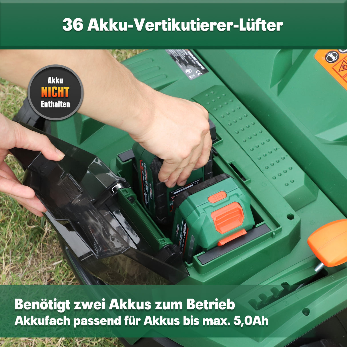 Mellif 36V Akku-Vertikutierer-Lüfter 18v*2, Grün (Ohne Akku)