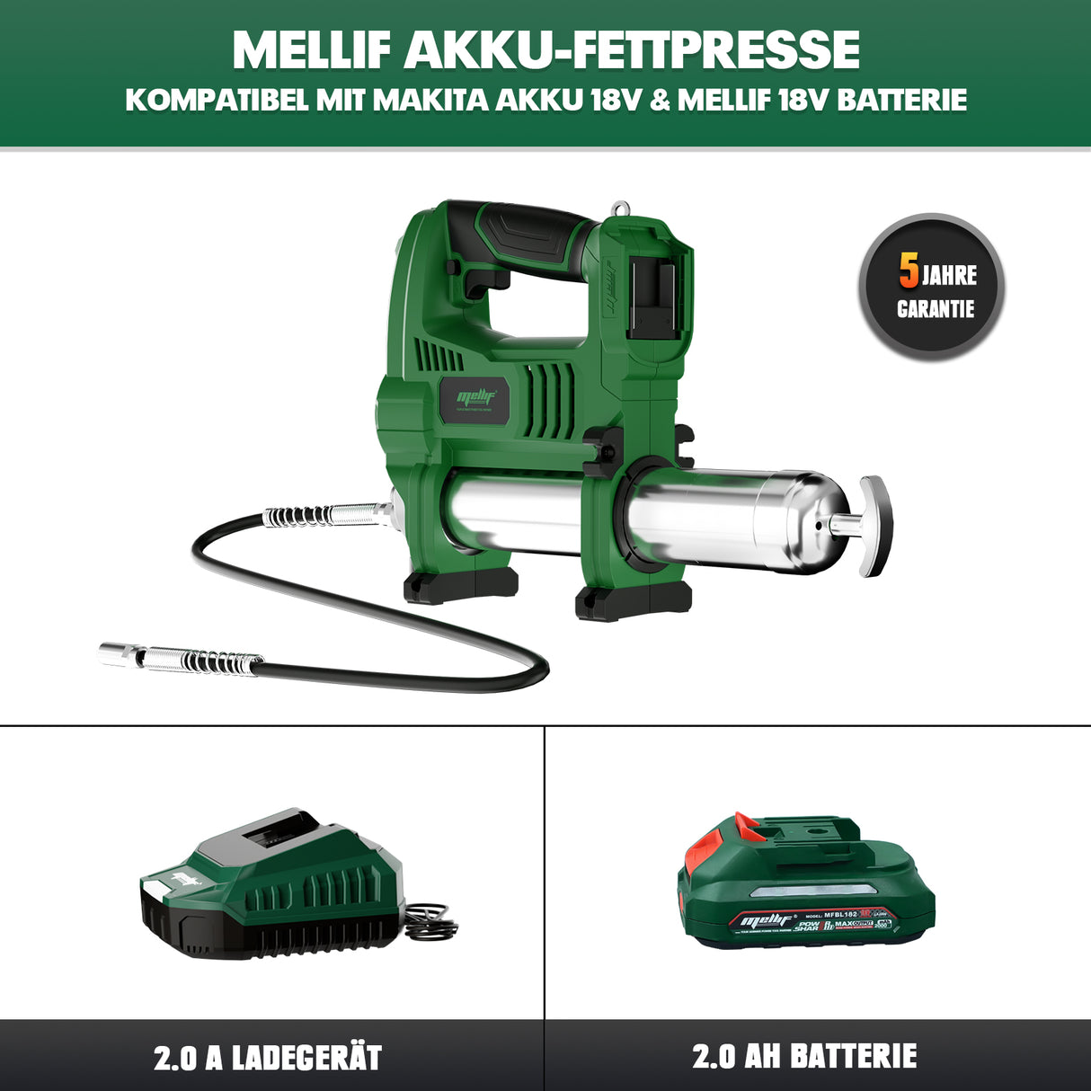 Mellif Akku-Fettpresse 18V mit Akku & Ladegerät