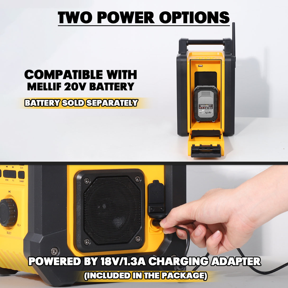 Mellif 18V Baustellenradio mit Lautsprecher, IPX54 wasserdicht, kabellos, TWS, FM/DAB, 30 m Reichweite, AC/DC, nur Gerät