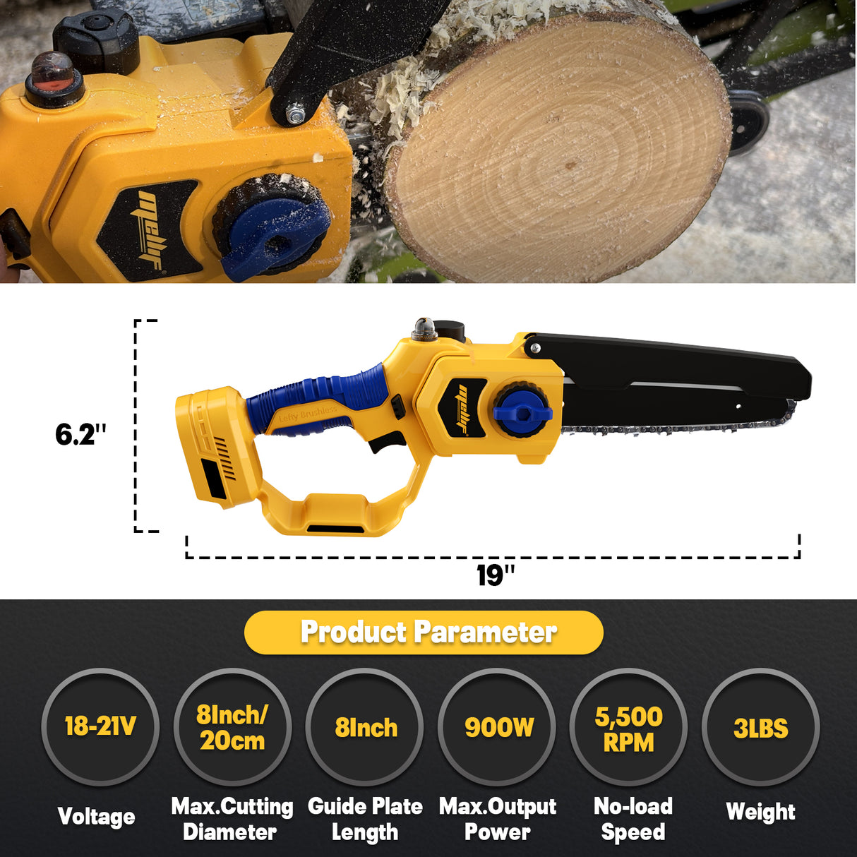 Mellif 8 inch chainsaw for Dewalt 20V, 20cm