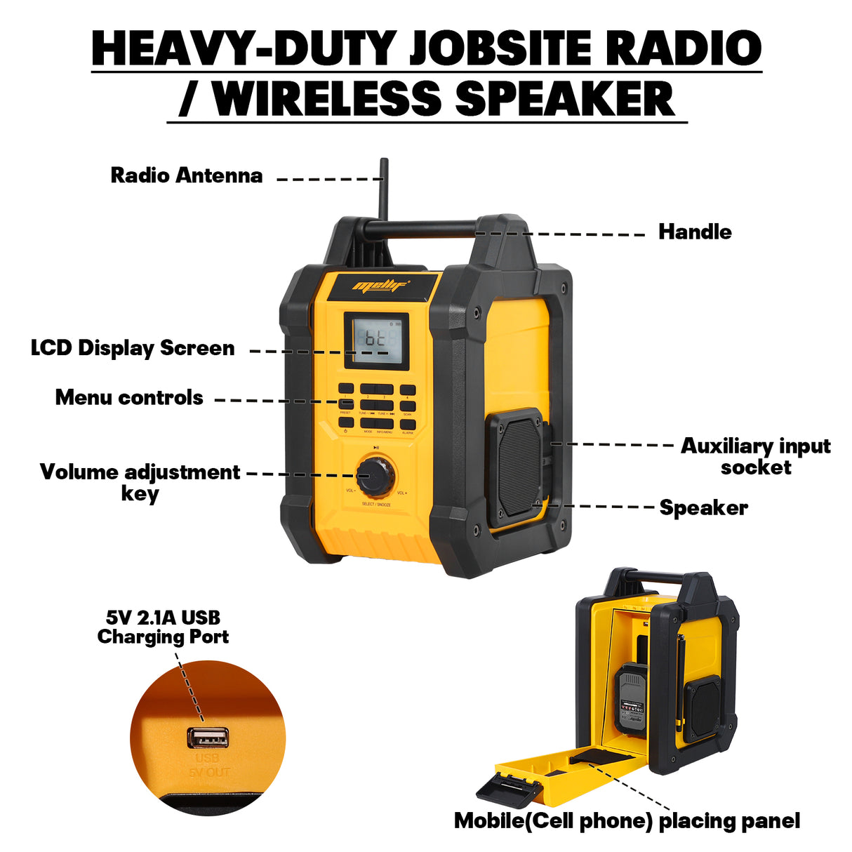 Mellif 18V Baustellenradio mit Lautsprecher, IPX54 wasserdicht, kabellos, TWS, FM/DAB, 30 m Reichweite, AC/DC, nur Gerät