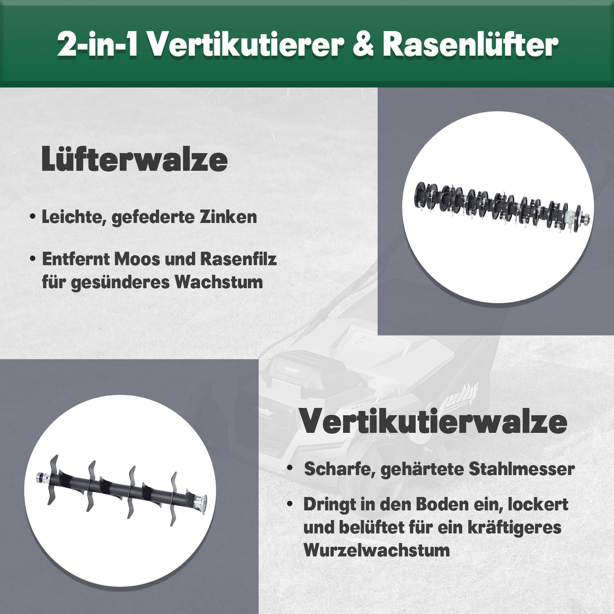 Mellif 36V Akku-Vertikutierer-Lüfter 18v*2, Grün (Ohne Akku)
