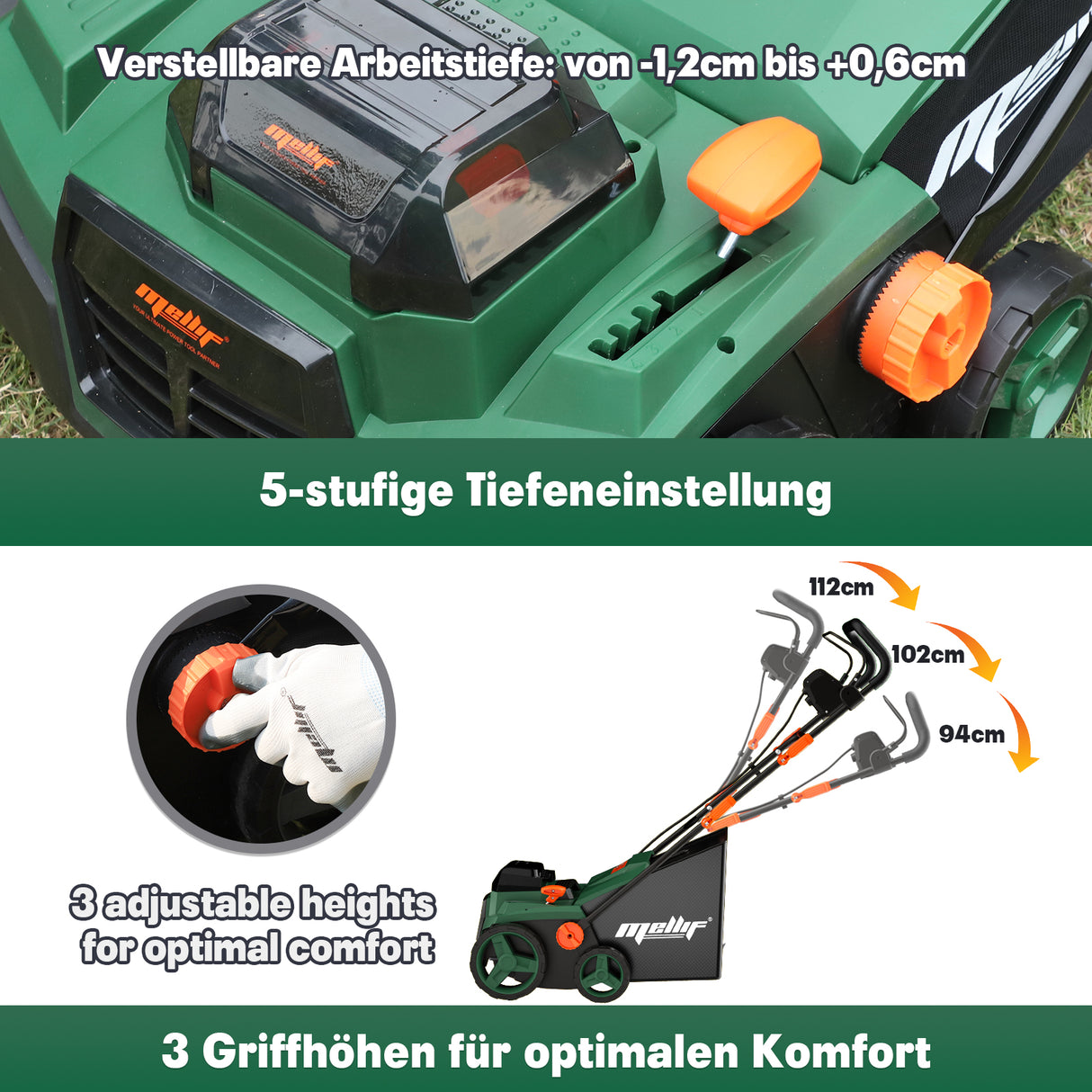 Mellif 36V Akku-Vertikutierer-Lüfter 18v*2, Grün (Ohne Akku)