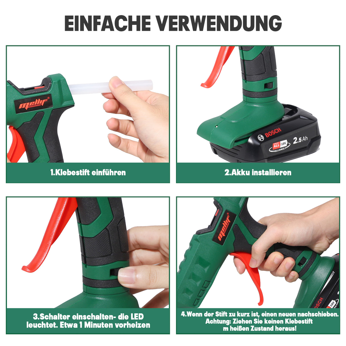 Mellif Akku Heißklebepistole für BOSCH Power for All-Geräten GBA Akku