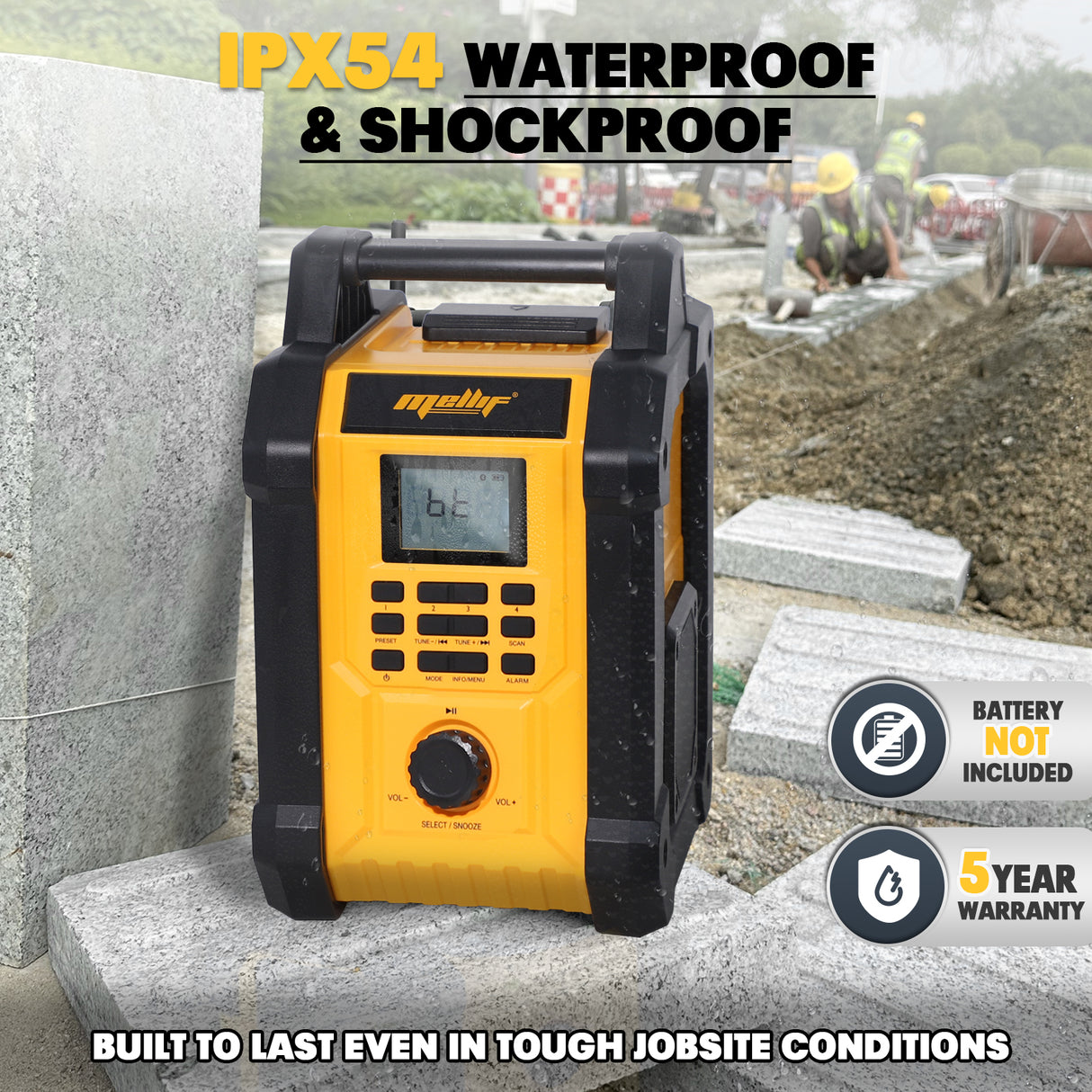 Mellif 18V Baustellenradio mit Lautsprecher, IPX54 wasserdicht, kabellos, TWS, FM/DAB, 30 m Reichweite, AC/DC, nur Gerät