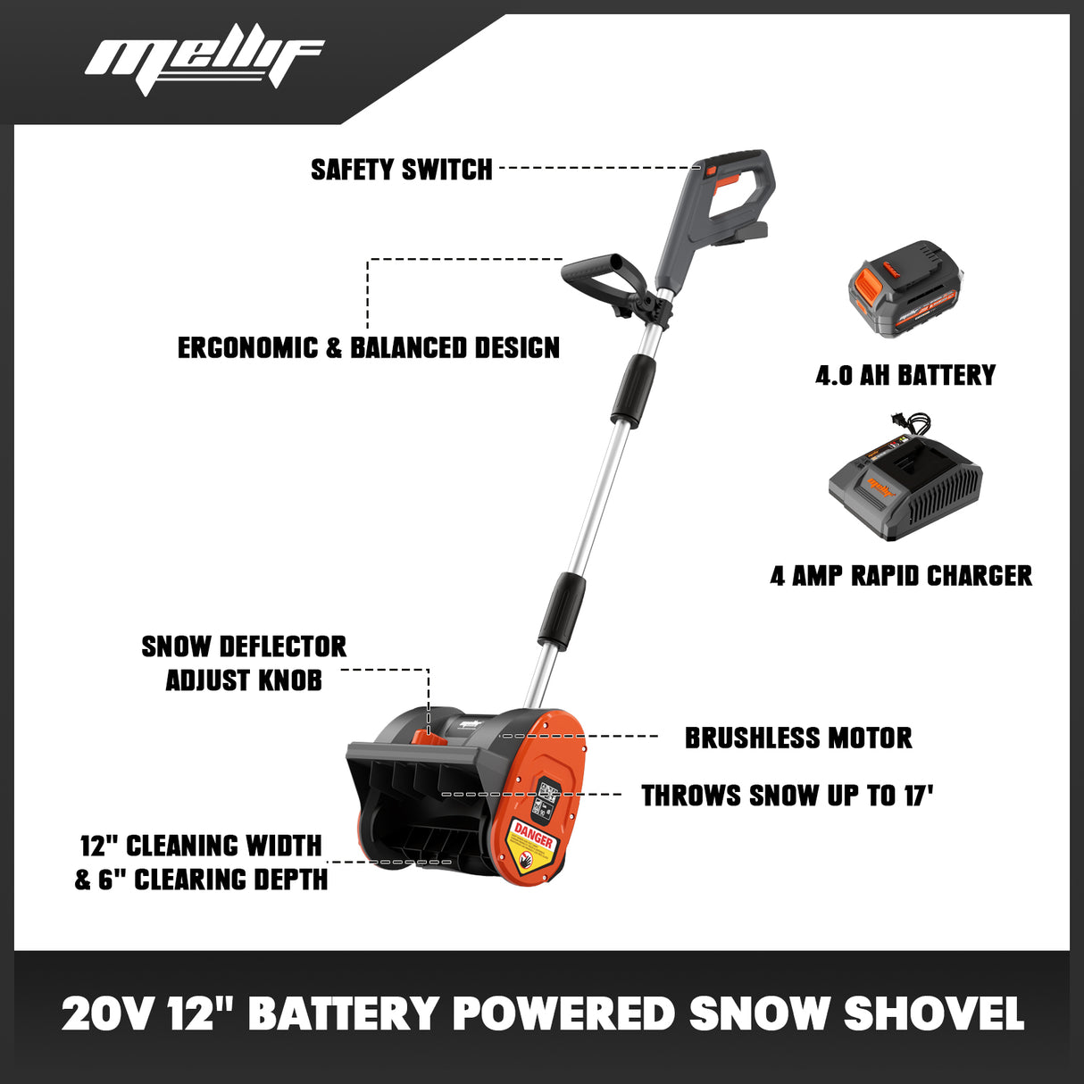 Mellif 18V Cordless Snow Blower 12in 30cm, Compatibility for DEWALT