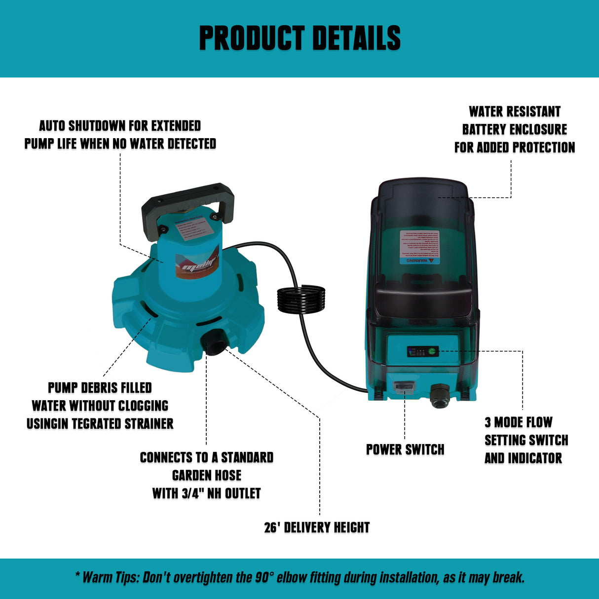 Mellif 18V Akku Tauchpumpe mit 5 m Kabel – 4996 L/h, 18 m Förderhöhe, 3 Stufen, Auto-Stopp – Kompatibel mit Makita Akkus