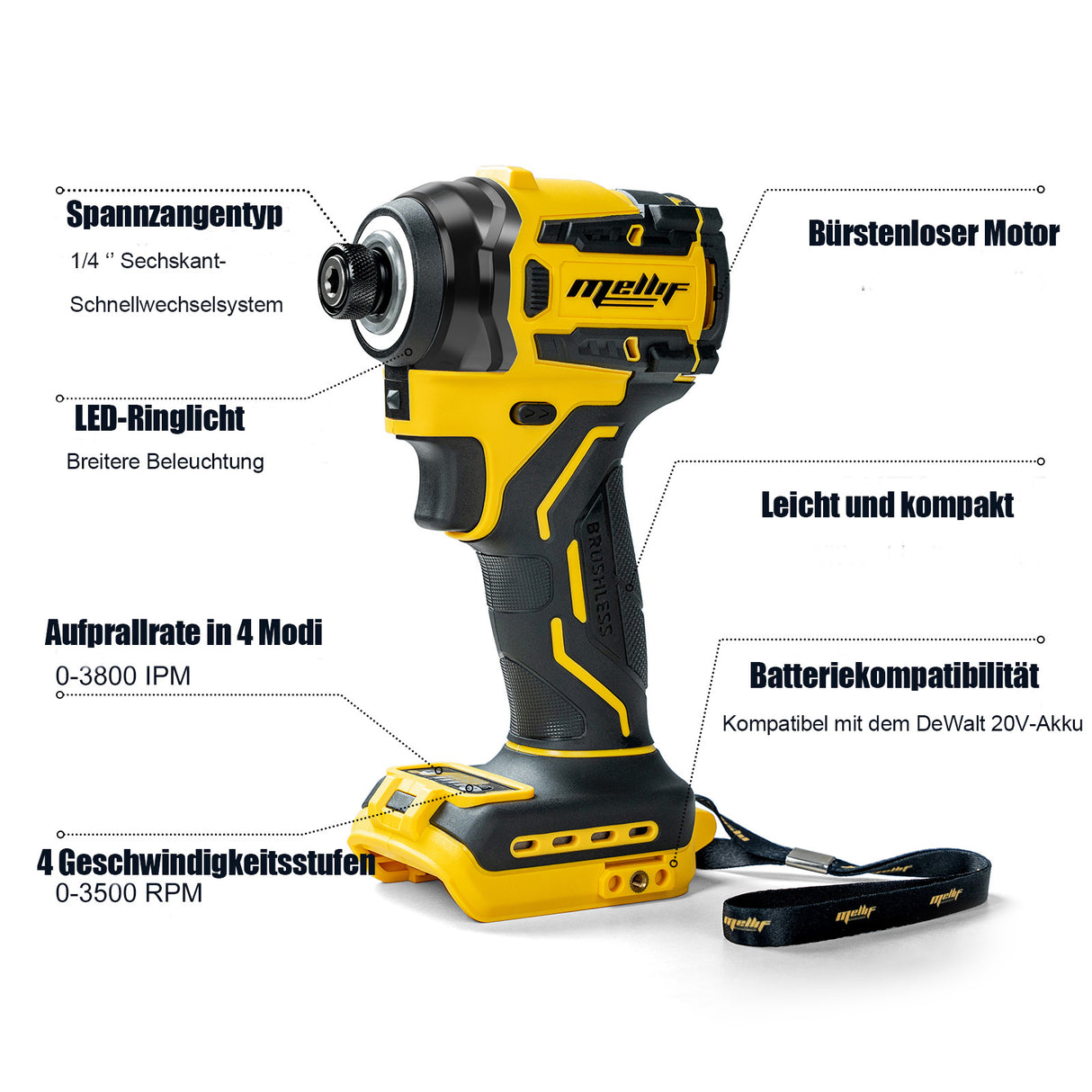 MELLIF 18V Akku-Schlagschrauber mit bürstenlosem Motor, kompatibel mit DeWalt 18V Akkus A1020