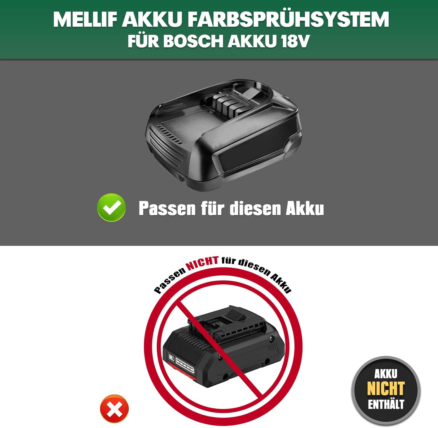 Mellif Akku Farbsprühsystem für Bosch Akku 18V, Grün