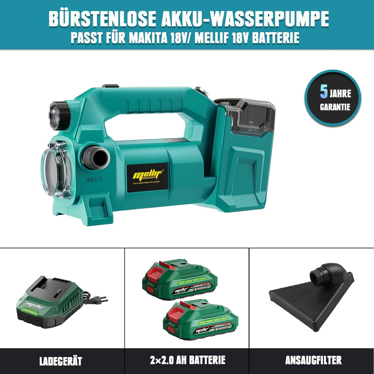Mellif Akku Wasserpumpe mit Akku 4000 mAh,Bürstenlos Motor