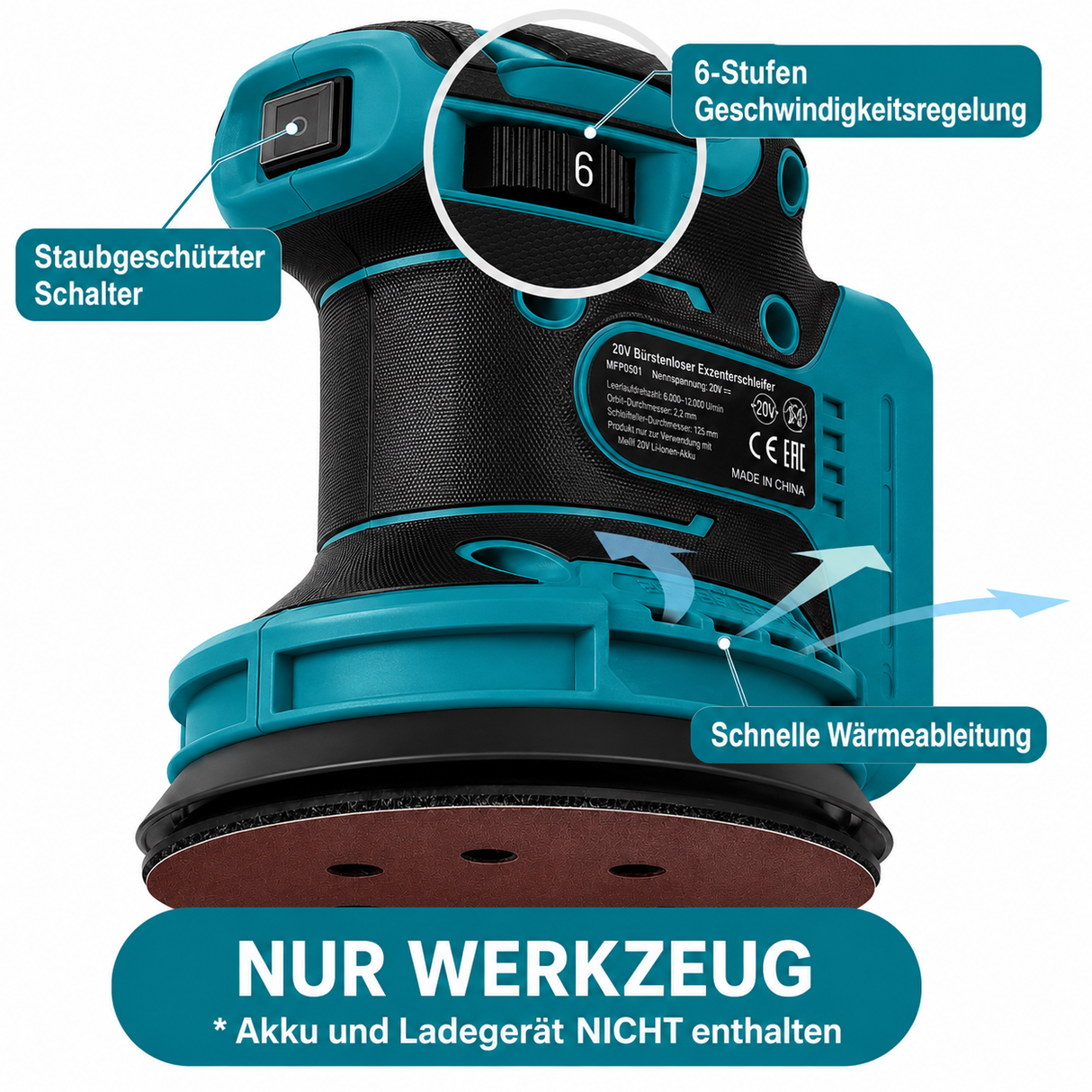 Mellif Upgrade 5-Zoll-Exzenterschleifer,Nur das Gerät, ohne Akku