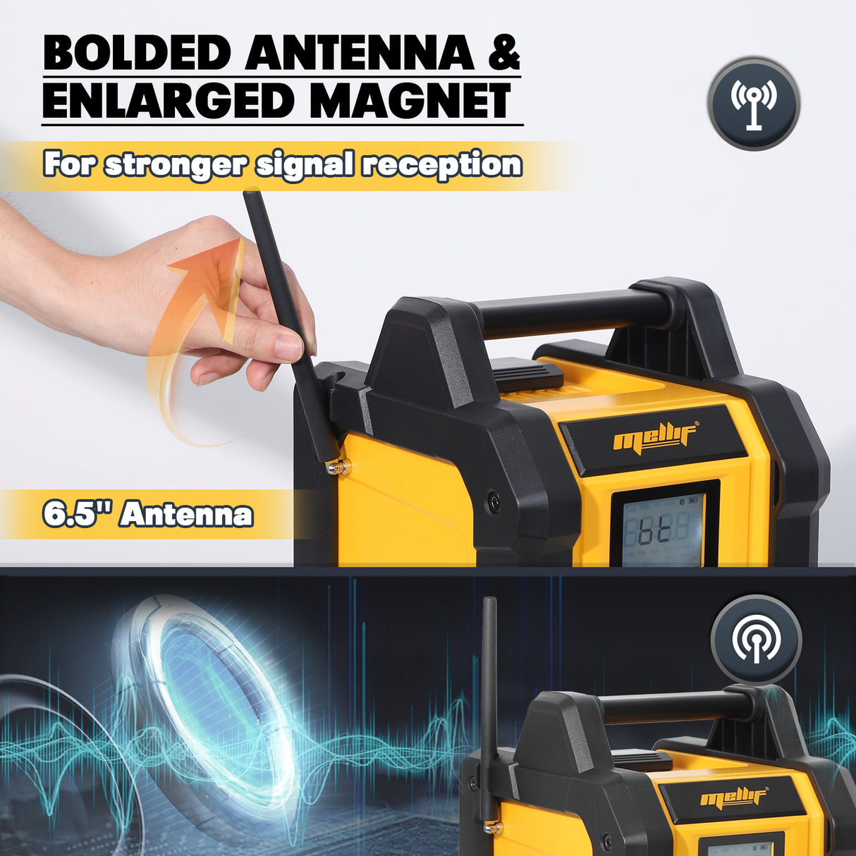 Mellif 18V Baustellenradio mit Lautsprecher, IPX54 wasserdicht, kabellos, TWS, FM/DAB, 30 m Reichweite, AC/DC, nur Gerät