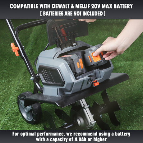 MELLIF 36V cordless tiller for DEWALT 18V, safety switch, foldable handle, transport wheels