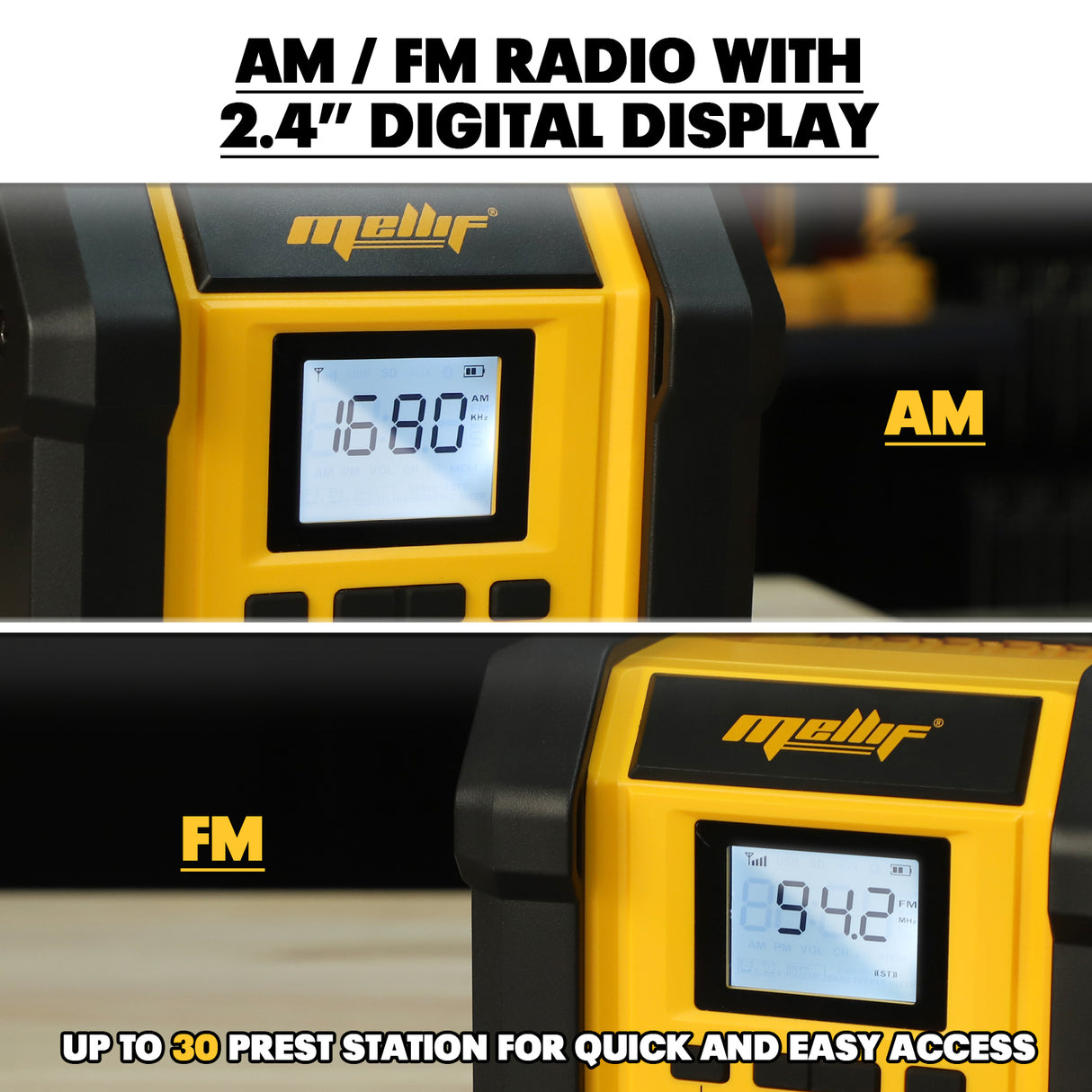 Mellif 18V Baustellenradio mit Lautsprecher, IPX54 wasserdicht, kabellos, TWS, FM/DAB, 30 m Reichweite, AC/DC, nur Gerät