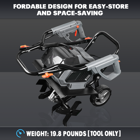 MELLIF 36V cordless tiller for DEWALT 18V, safety switch, foldable handle, transport wheels
