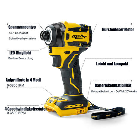 MELLIF 18V Akku-Schlagschrauber mit bürstenlosem Motor, kompatibel mit DeWalt 18V Akkus MDF1020