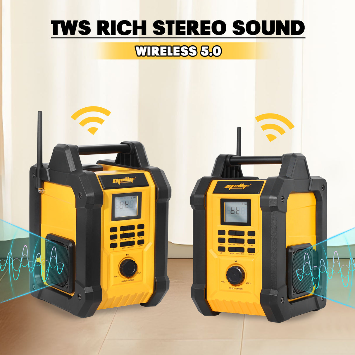 Mellif 18V Baustellenradio mit Lautsprecher, IPX54 wasserdicht, kabellos, TWS, FM/DAB, 30 m Reichweite, AC/DC, nur Gerät